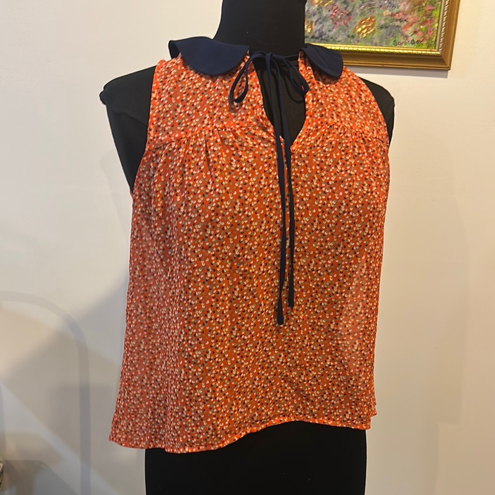 Zio Floral Orange Sleeveless Top with Navy Collar Size S like new
